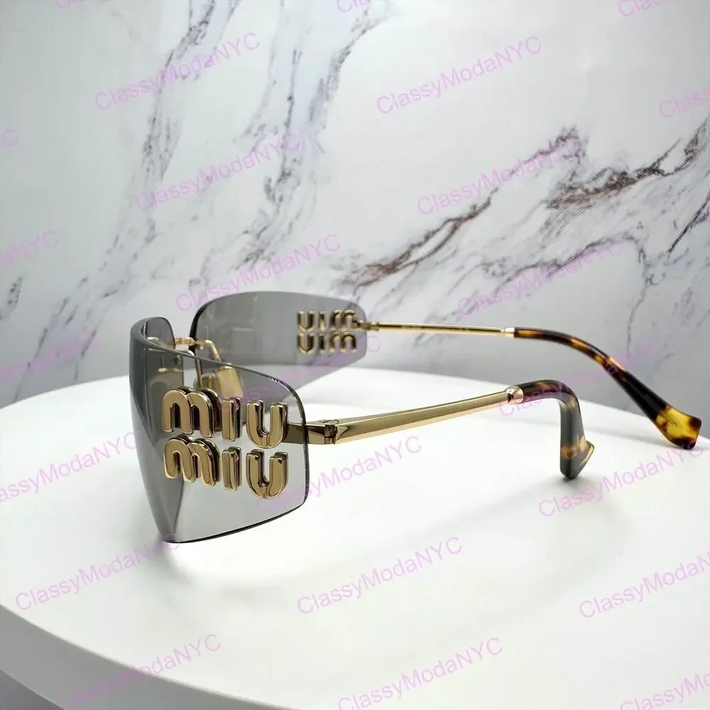 New MIU MIU Logo Sunglasses 2025 Runway Gold Slim Skinny Wrap Rimless Italy